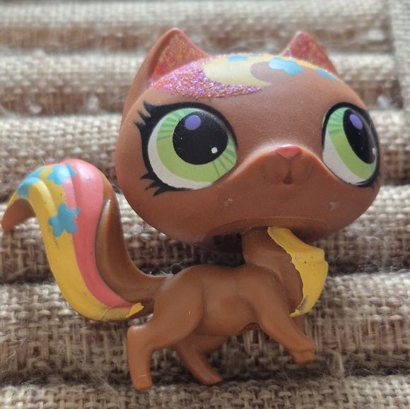Littlest Pet Shop Authentic # 3033 Brown Rainbow Swirl Glitter Cat G4 Green Eyes - Picture 5 of 9